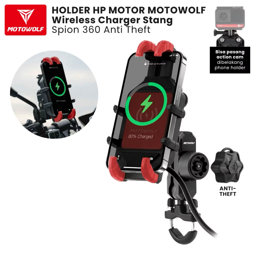 ￼Holder HP Motor Motowolf Wireless Charger Stang Spion 360 Anti Theft